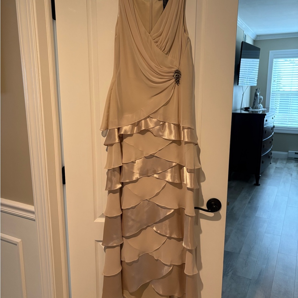 White Fox Boutique Champagne Layered Ruffle Maxi Dress